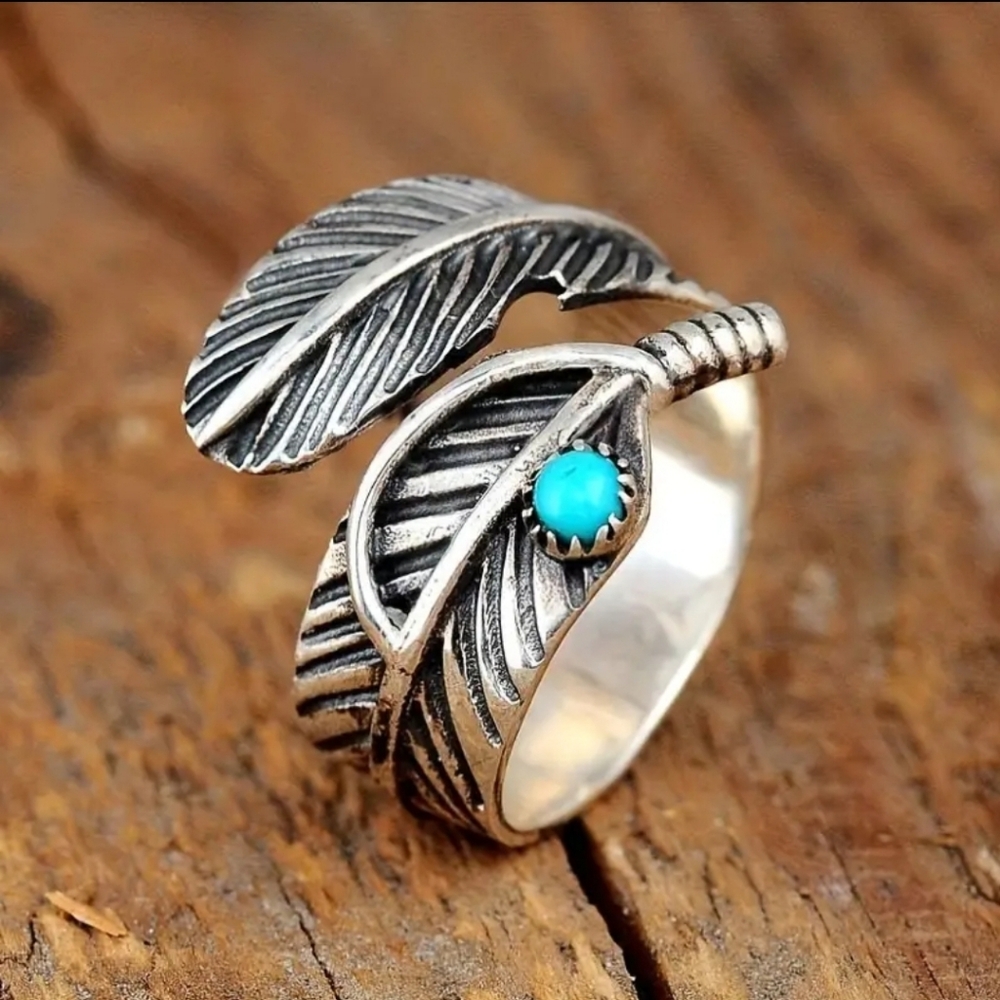 Silver Feather Ring with Turquoise Accent